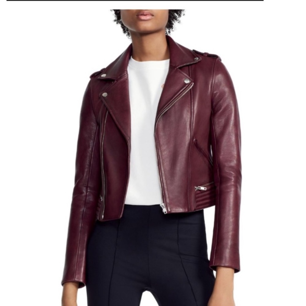 Maje Basilta Bordeaux Leather Jacket Sz40
